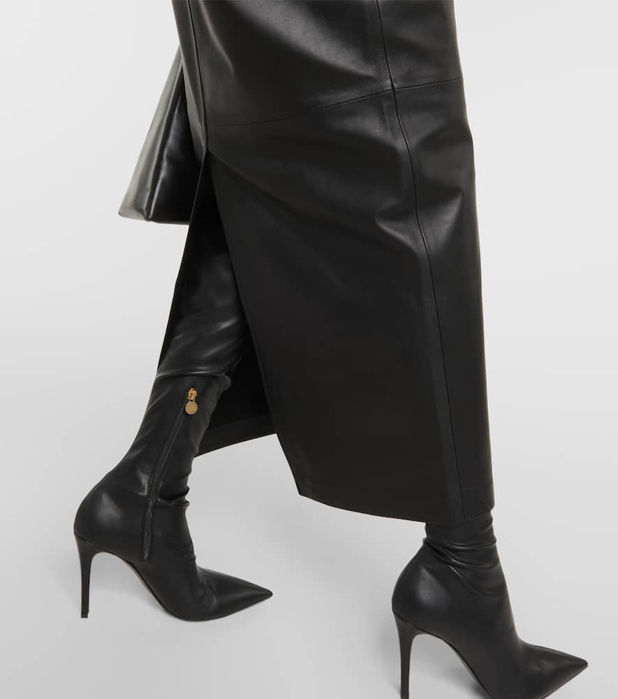 Back-slit leather maxi skirt
