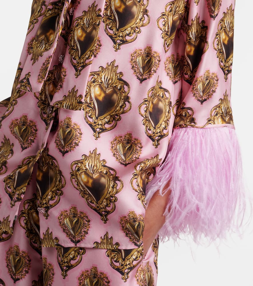 Feather-trimmed printed silk blouse