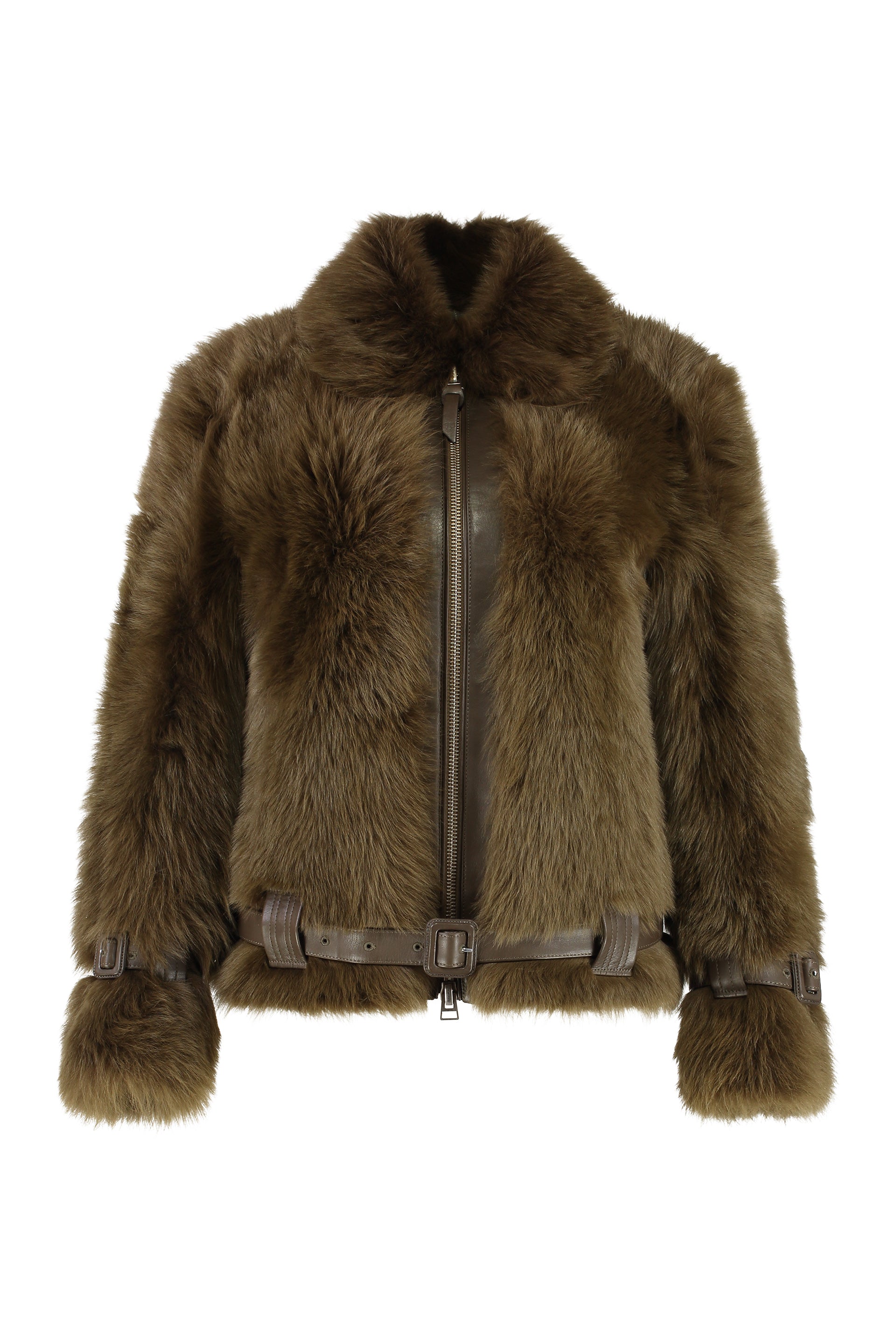Fur and Leather Moto Jacket with Cuffed Strap and Waist Belt