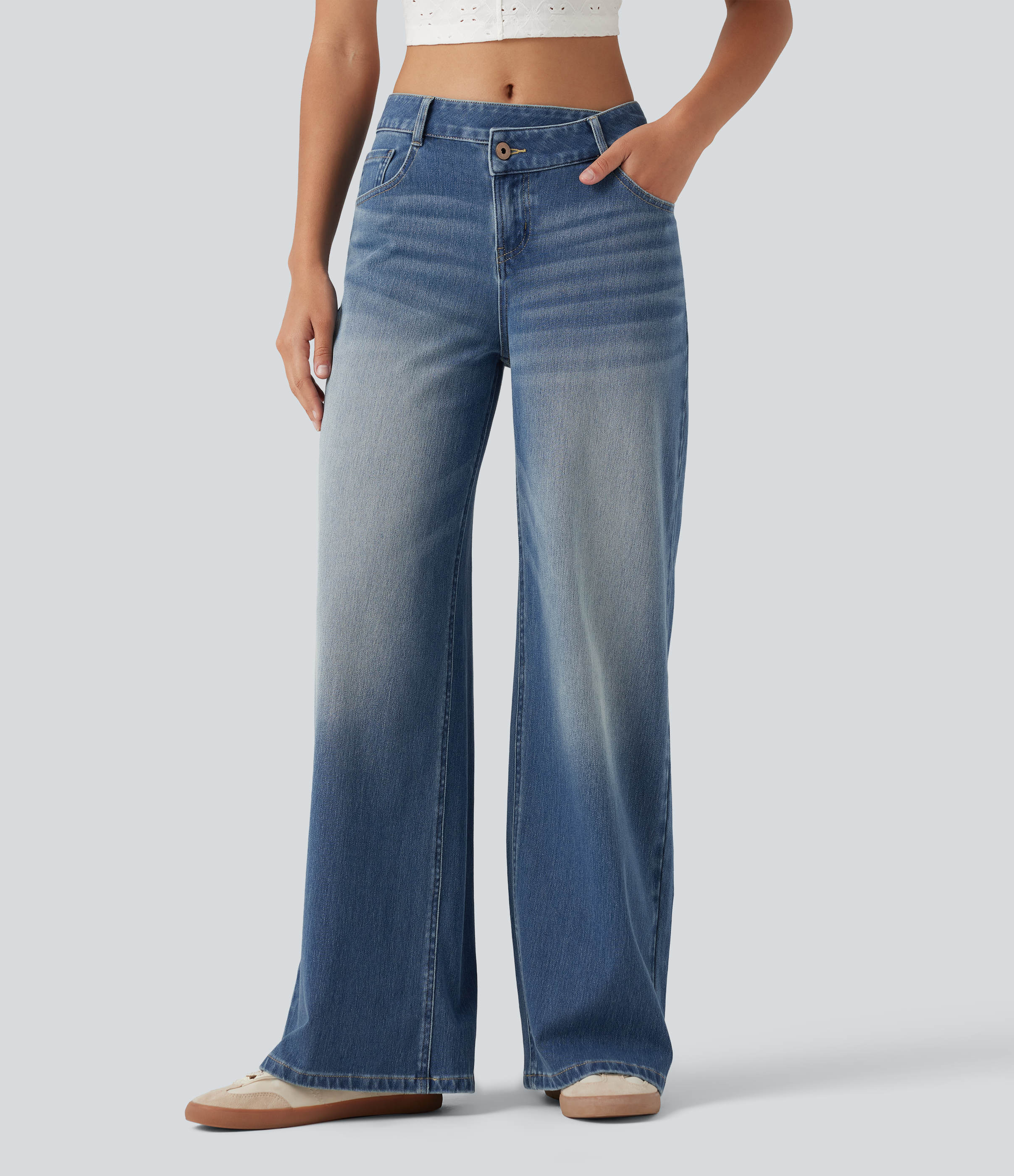 Flex™ Asymmetric Mid Rise Wide Leg Casual Jeans with Pockets  - Blue Surf Denim