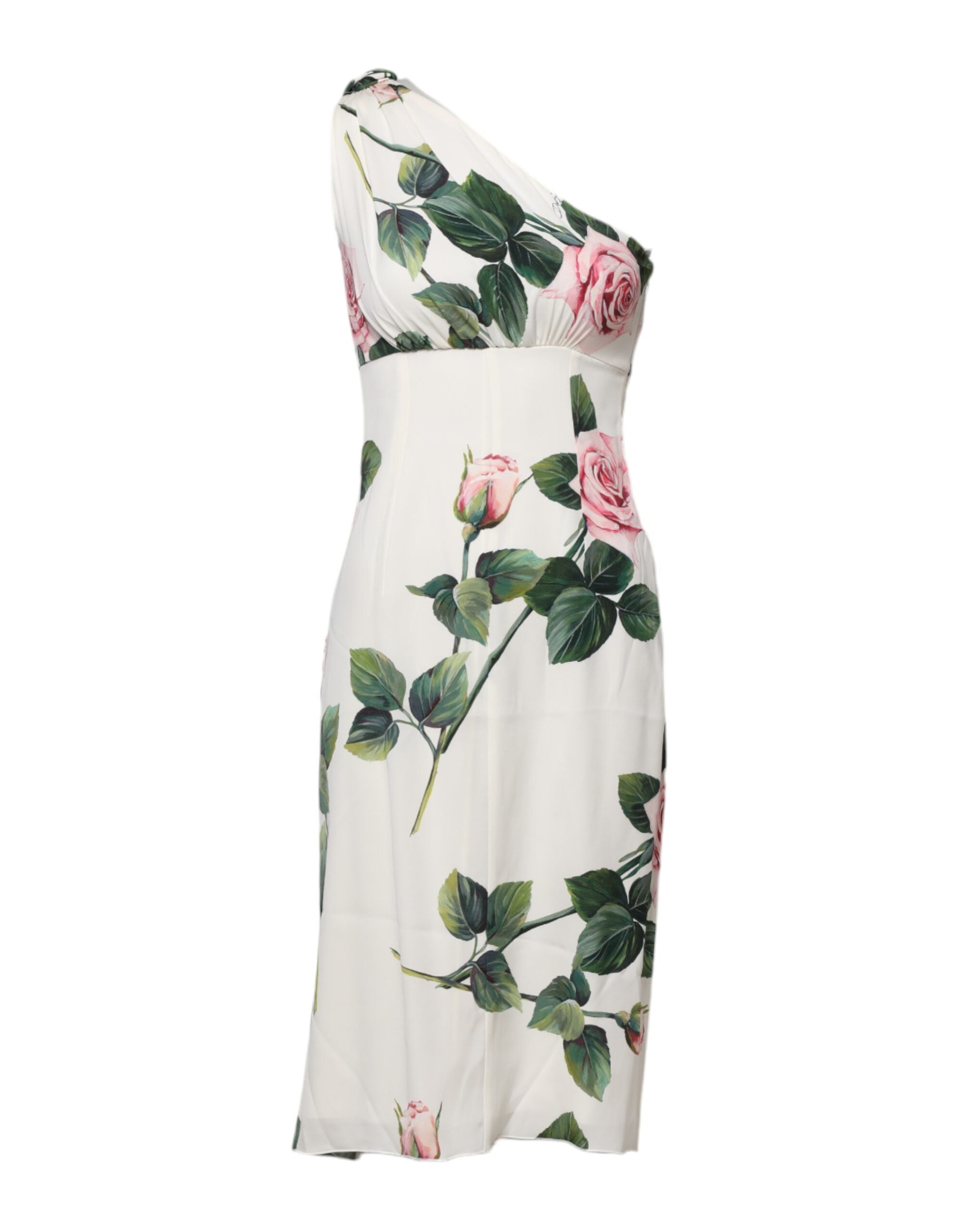 Floral One-Shoulder Silk Dress — White
