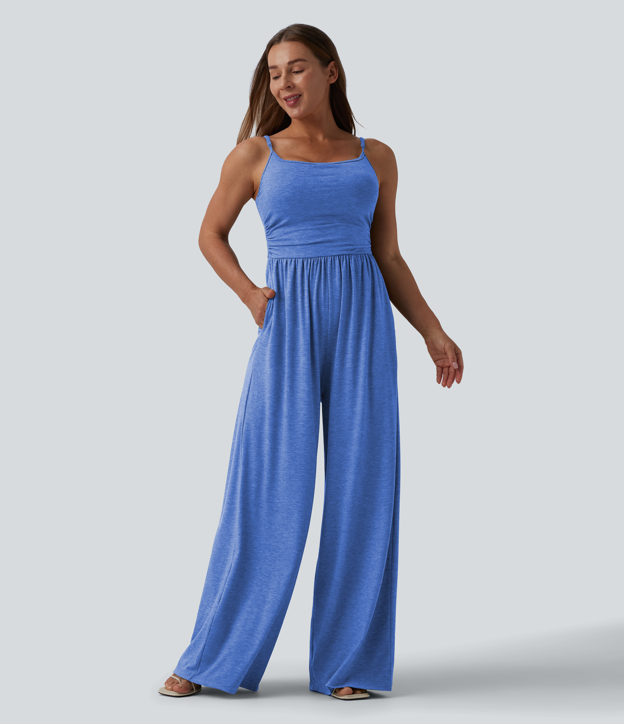Adjustable Straps Ruched Wide Leg Heathered Casual Jumpsuit with Pockets-Easy Peezy  - Sky Blue Floral Yarn