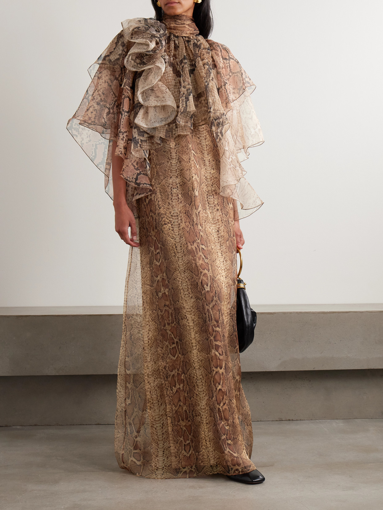 Hypnotic Memento Billow Ruffled Snake-print Silk-organza Gown - Brown