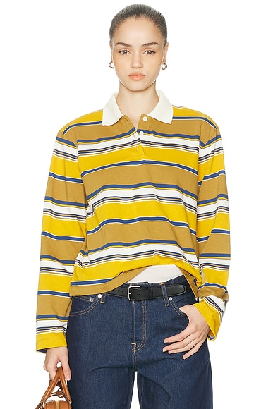 GRLFRND Long Sleeve Polo in Multi Stripe - Mustard,Tan. L also in M, S