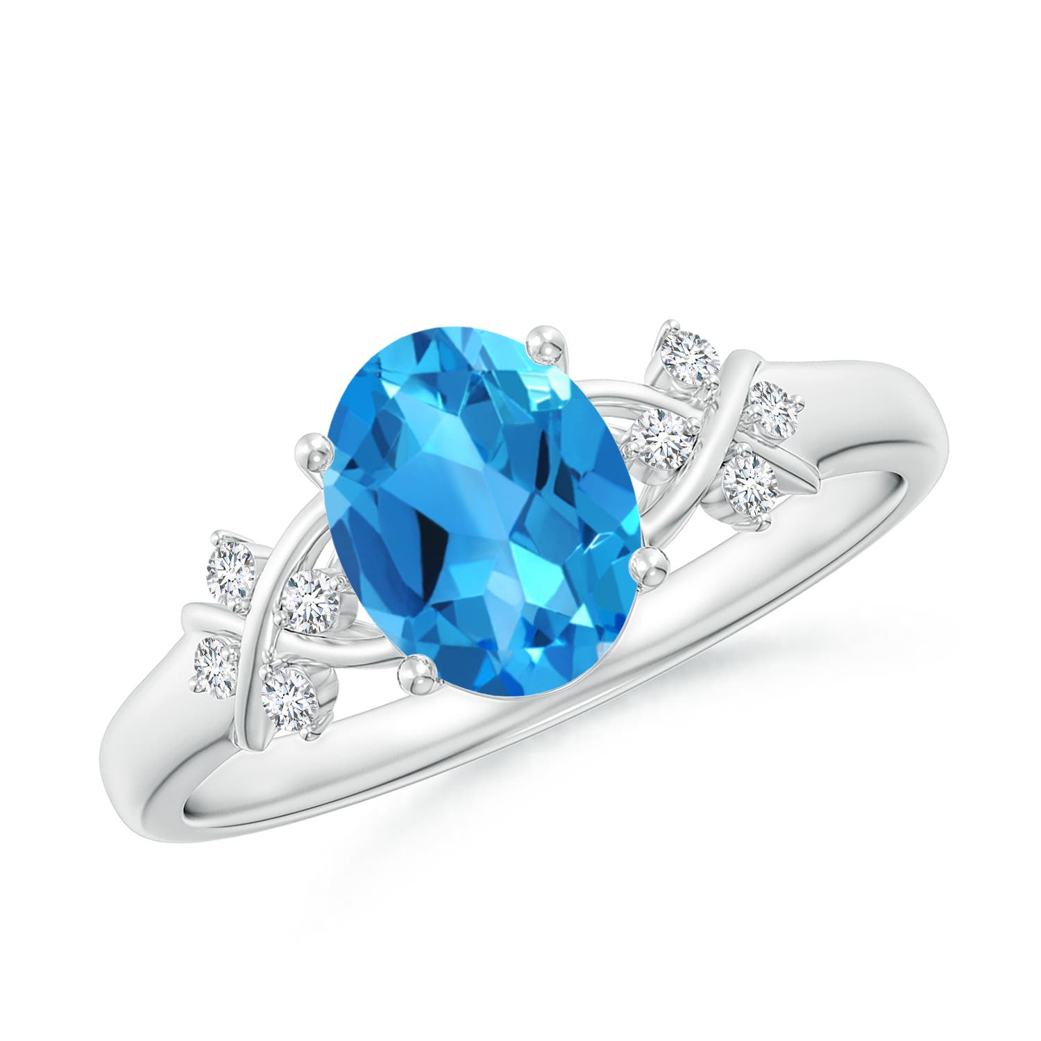 Angara 1.5 Carats Solitaire Oval Swiss Blue Topaz Criss Cross Ring with Diamonds in Platinum