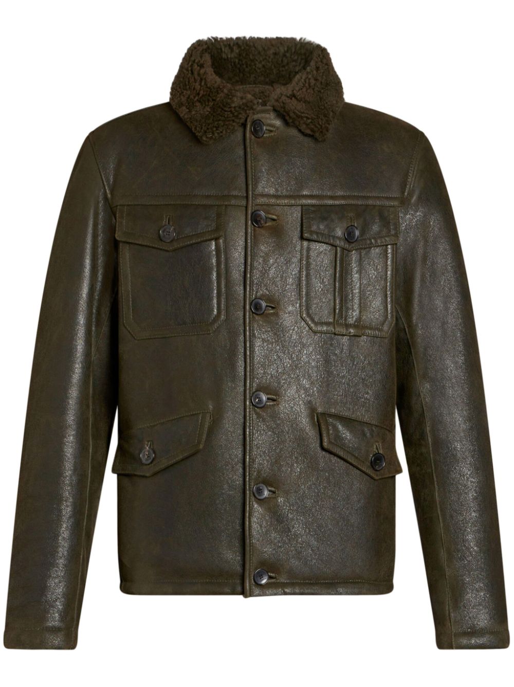 Shearling-collar leather jacket - Green