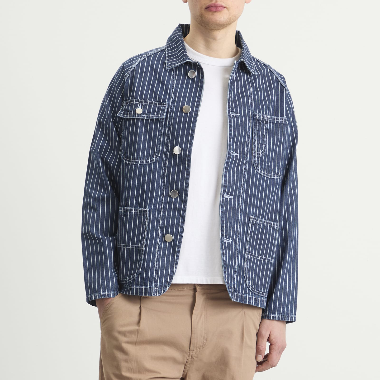 Men's Pinstripe Denim Coverall Jacket in Indigo