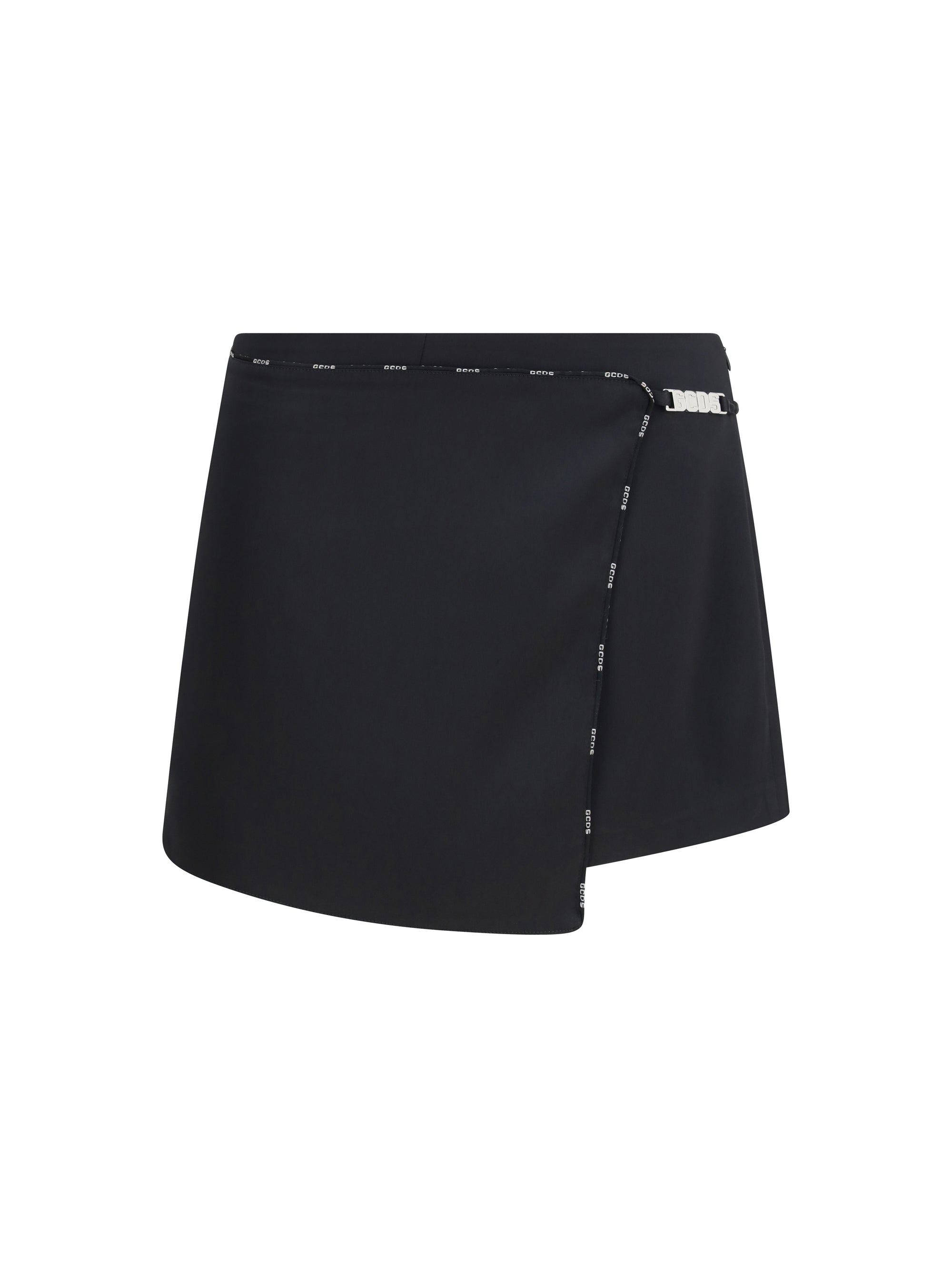Satin Logo-Trim Wrap Mini Skirt — Black
