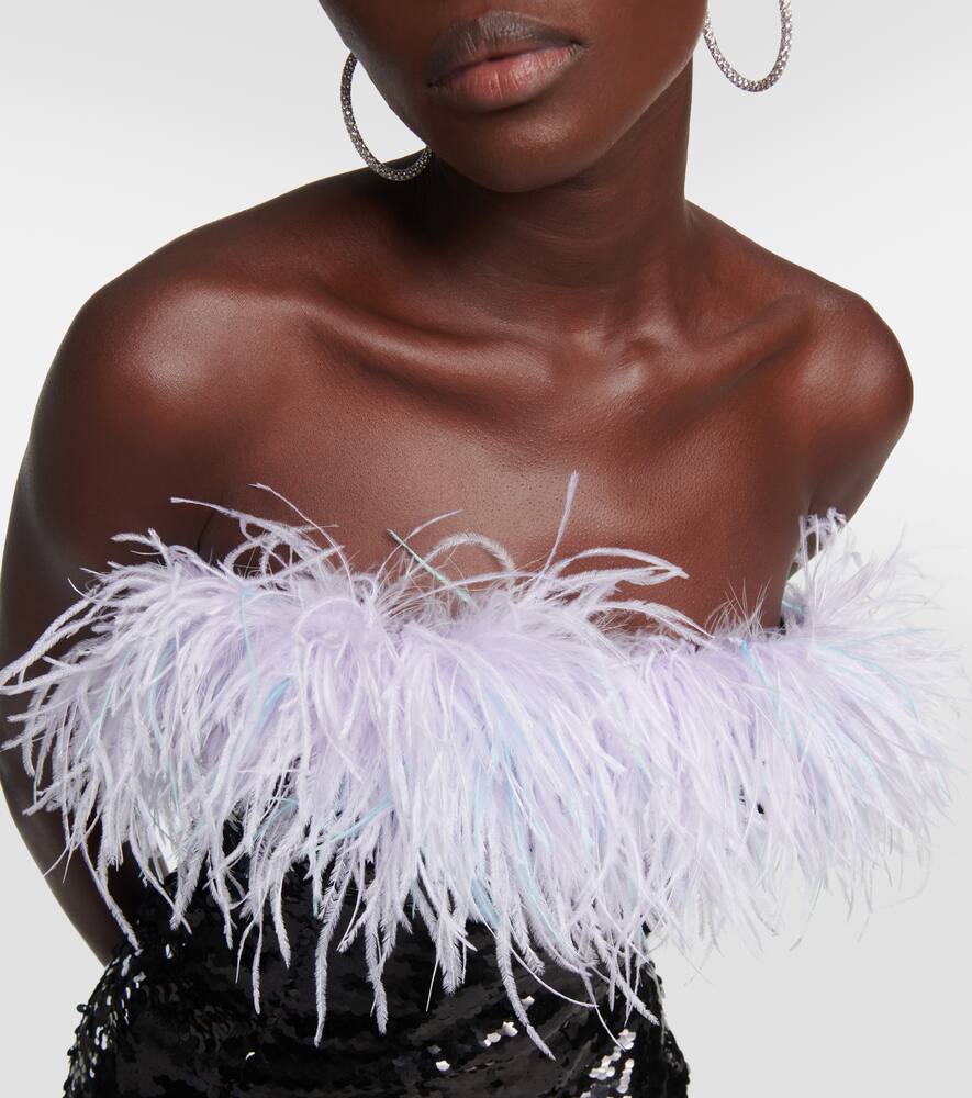 Self-Portrait Feather-trimmed sequined minidress