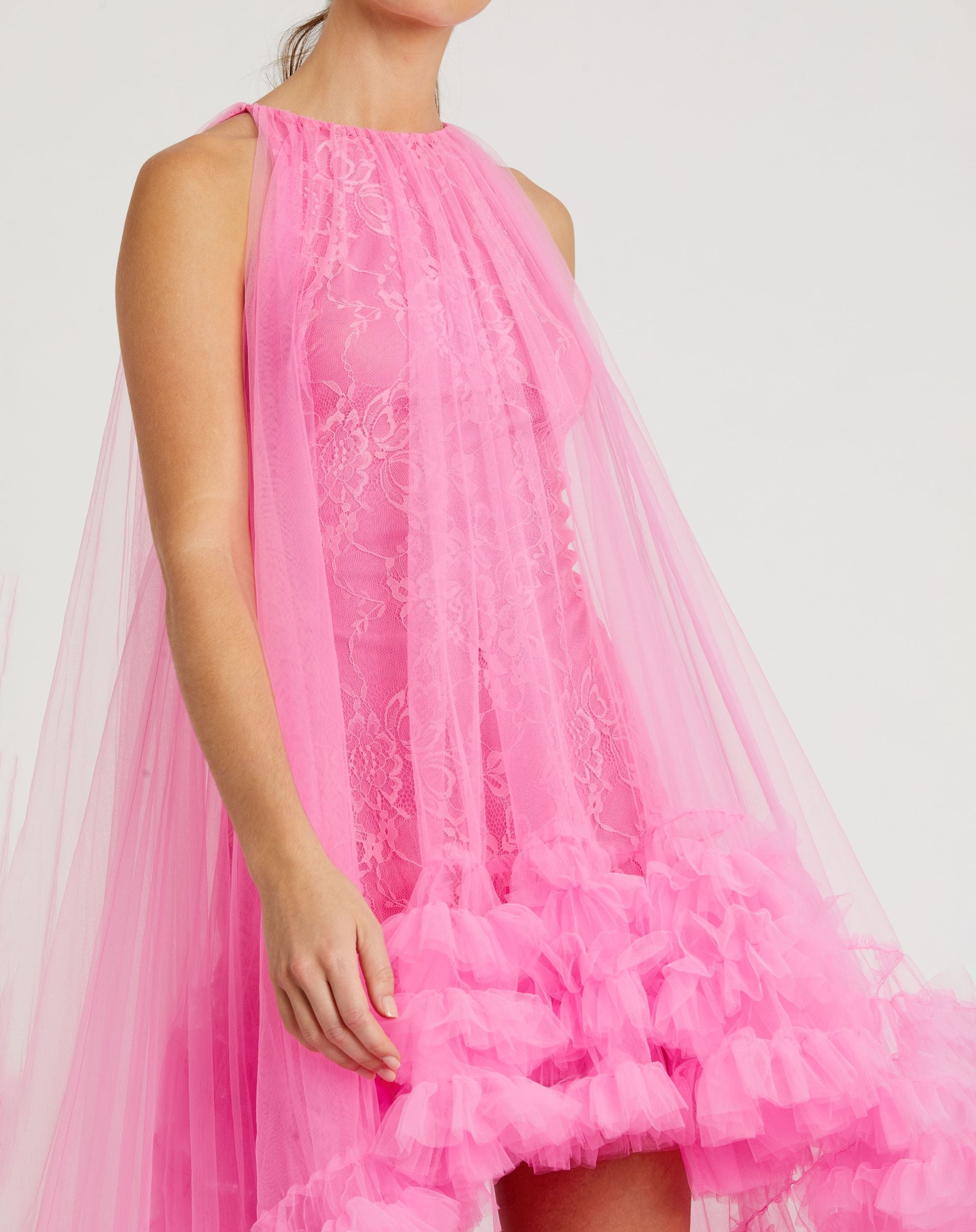 Hot Pink Tulle High Neck Sleeveless Ruffled Hem Hi-Lo Maxi Gown In Hot Pink
