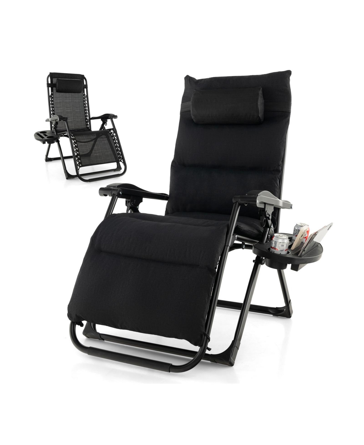 Adjustable Metal Zero Gravity Lounge Chair with Removable Cushion and Cup Holder Tray - Black