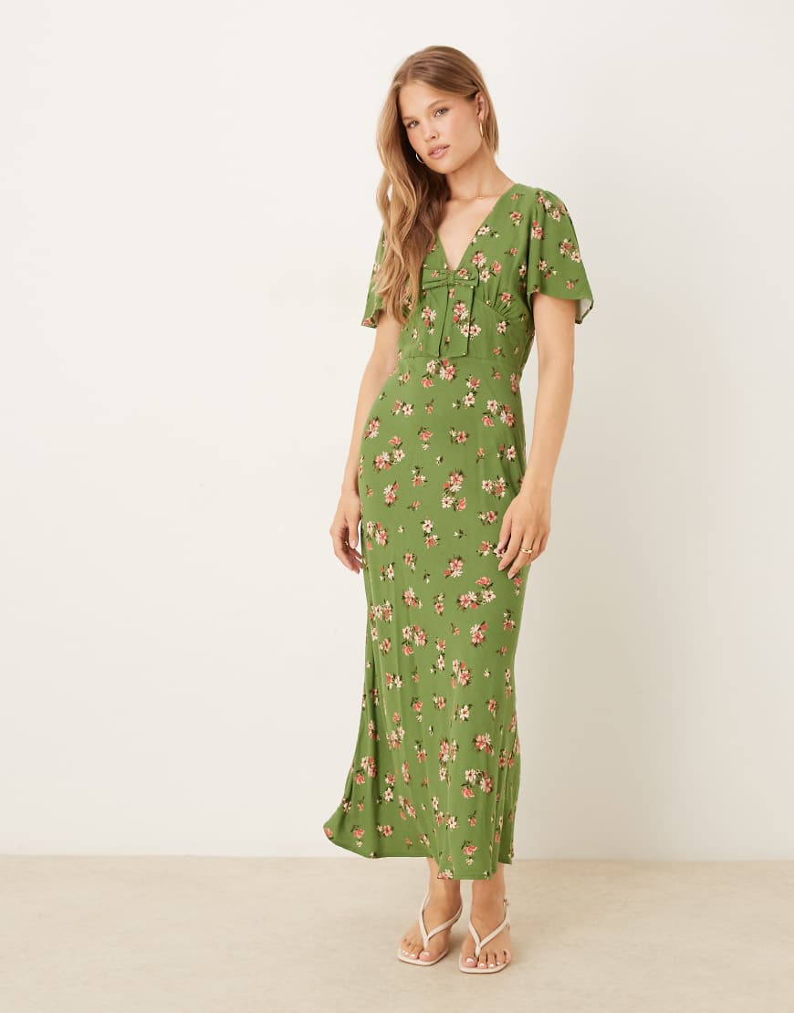 Faith bow front midi tea dress in green floral