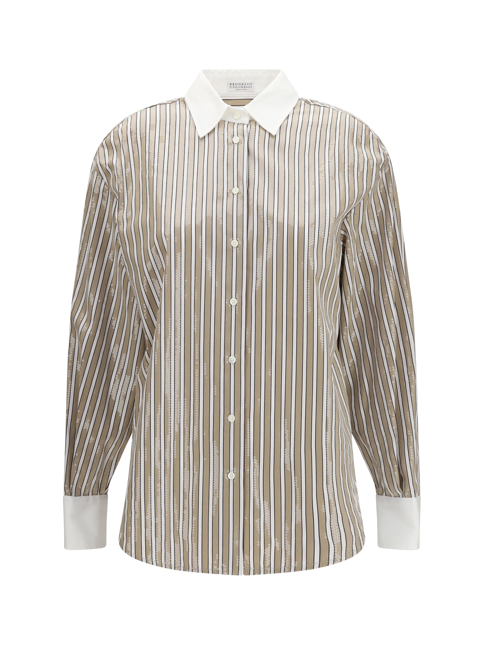 Sequin-Embellished Striped Cotton Shirt — Beige