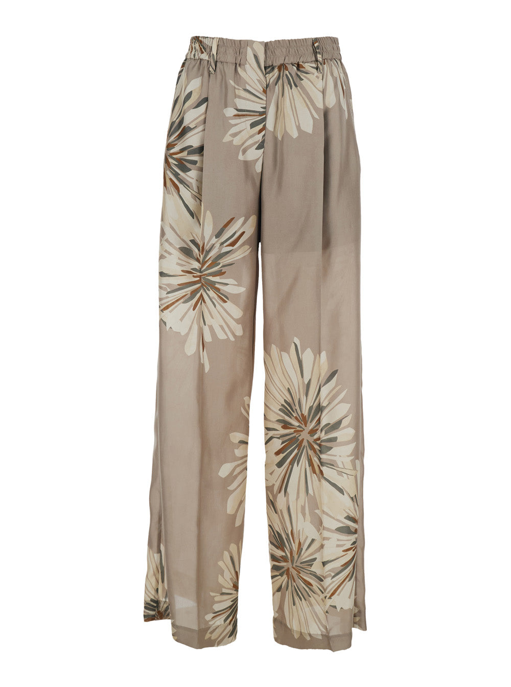 Floral-Print Silk Trousers — Beige