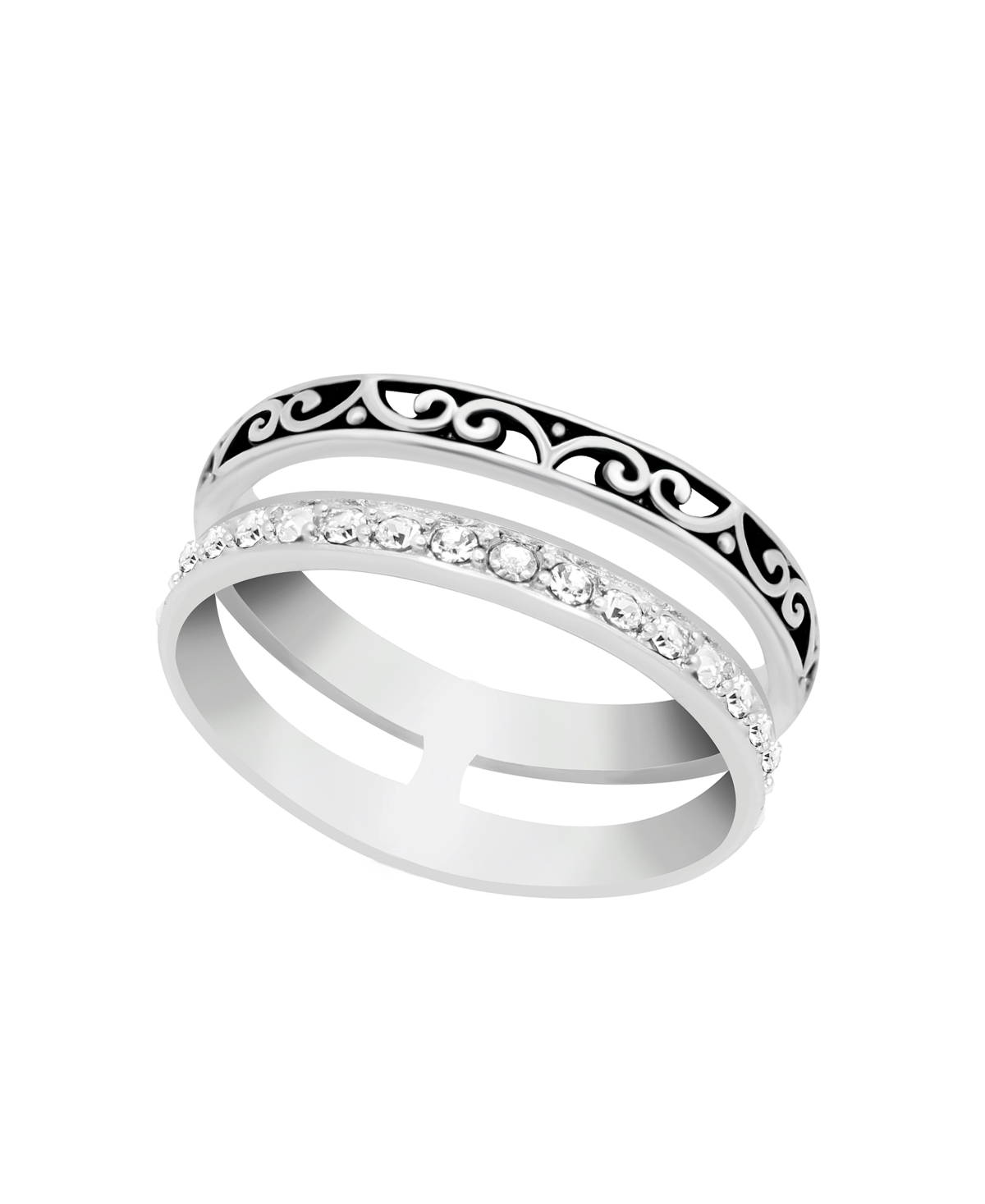 And Now This Oxidized and Clear Crystal Double Row Band Ring in Silver Plate - Silver