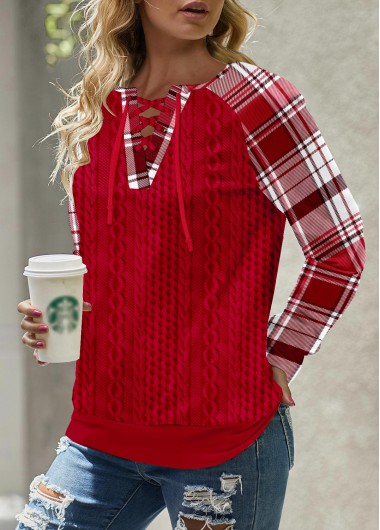 Modlily Red Lace Up Plaid Long Sleeve Split Neck Sweatshirt