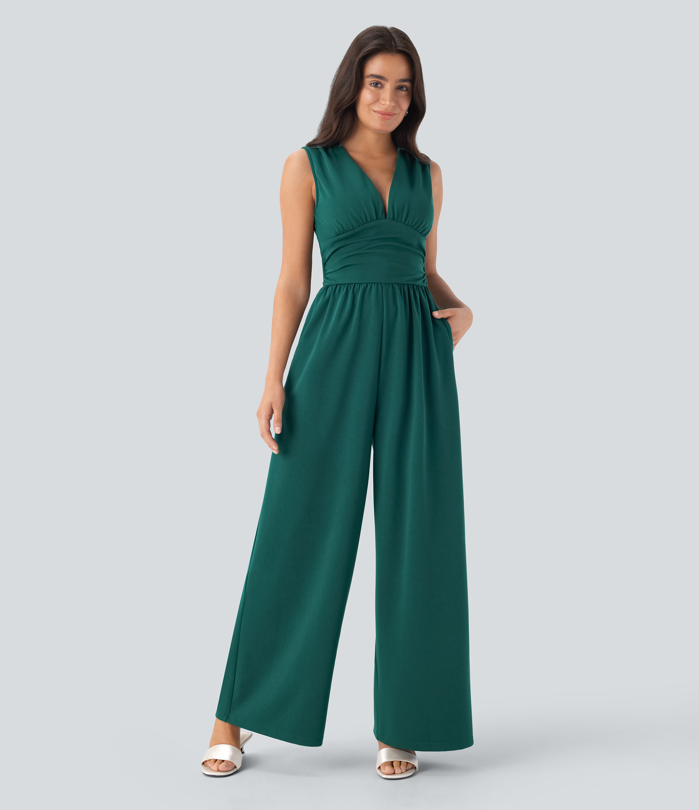 V Neck Sleeveless Ruched Pocket Jumpsuit-Easy Peezy  - Bayberry