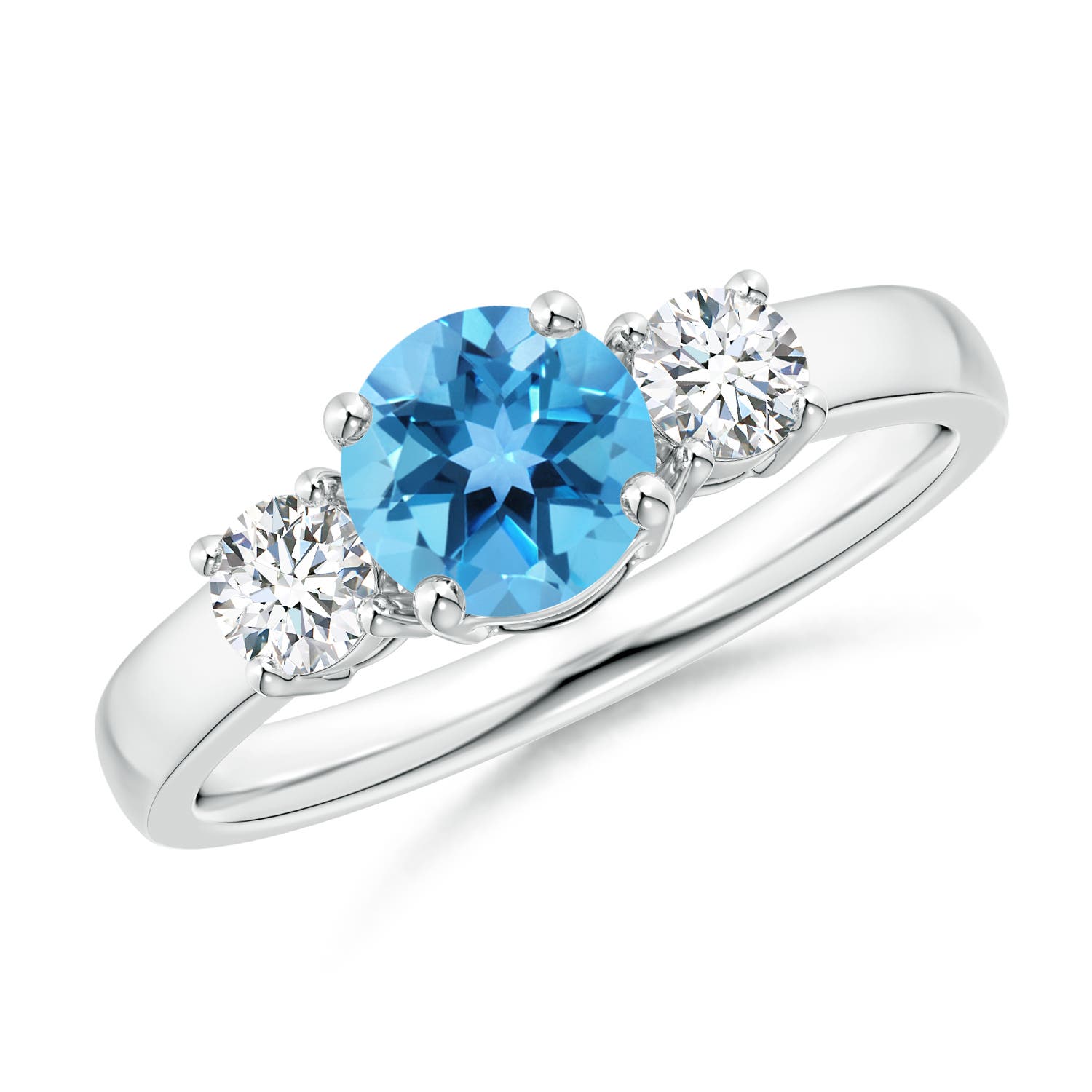 Angara 0.95 Carat Classic Round Swiss Blue Topaz and Diamond Three Stone Engagement Ring in Platinum