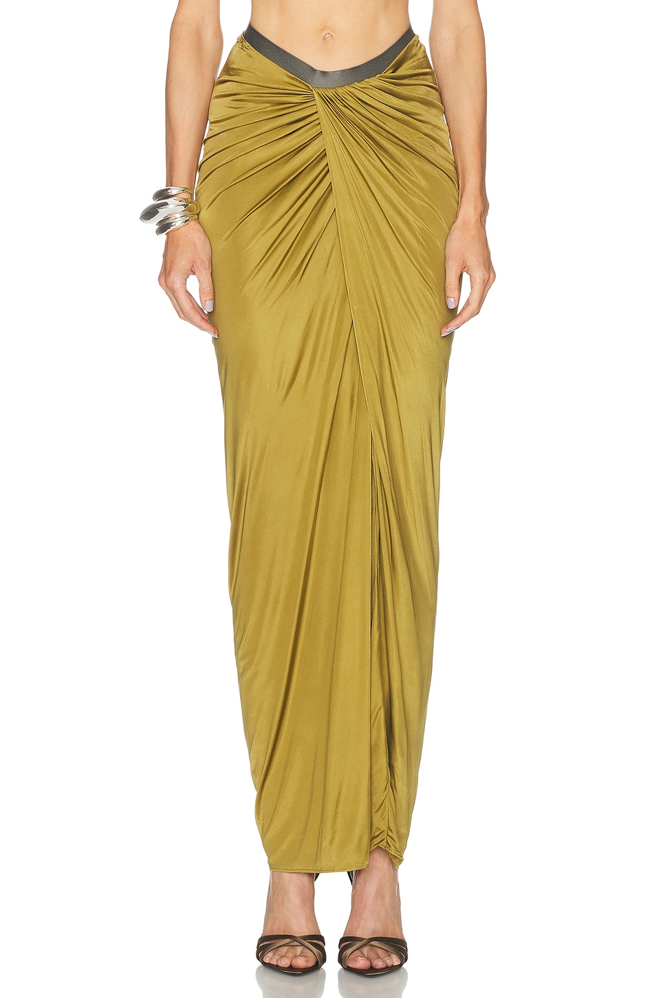 Atlein Draped Long Skirt in Vert Militaire - Olive. 36 also