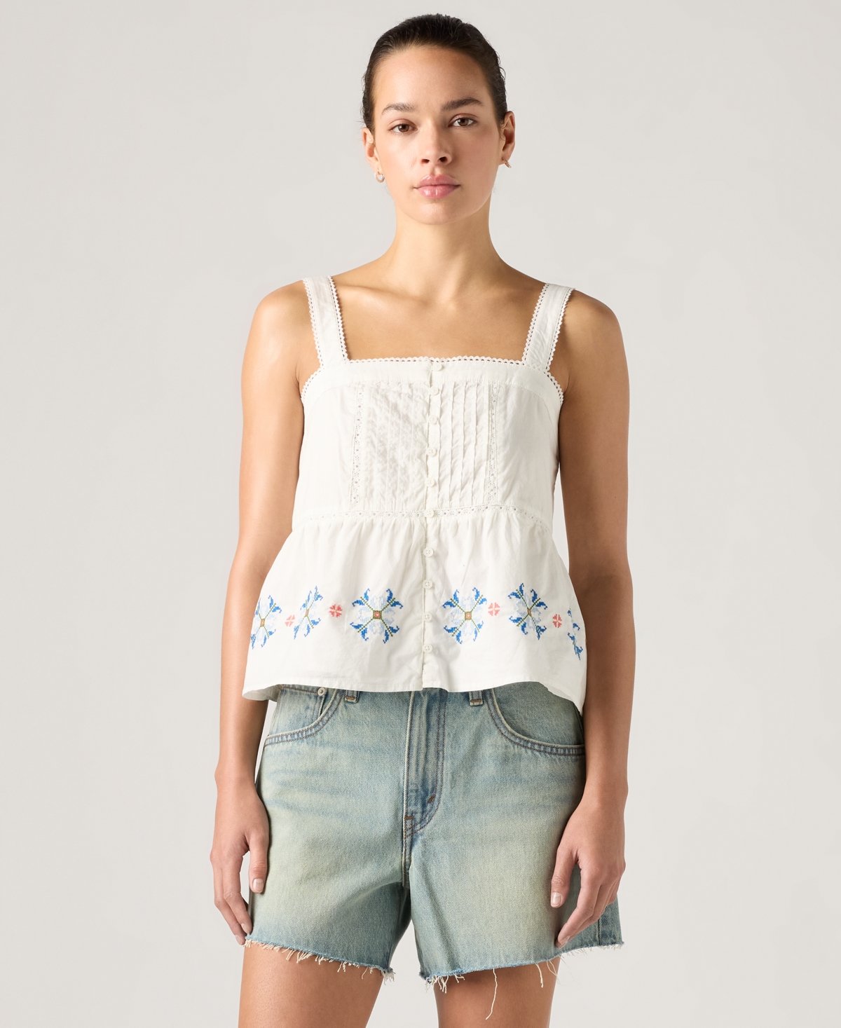 Women's Mimi Square Neck Sleeveless Cotton Blouse - Cloud Dancer Smaller Floral Emb Multi