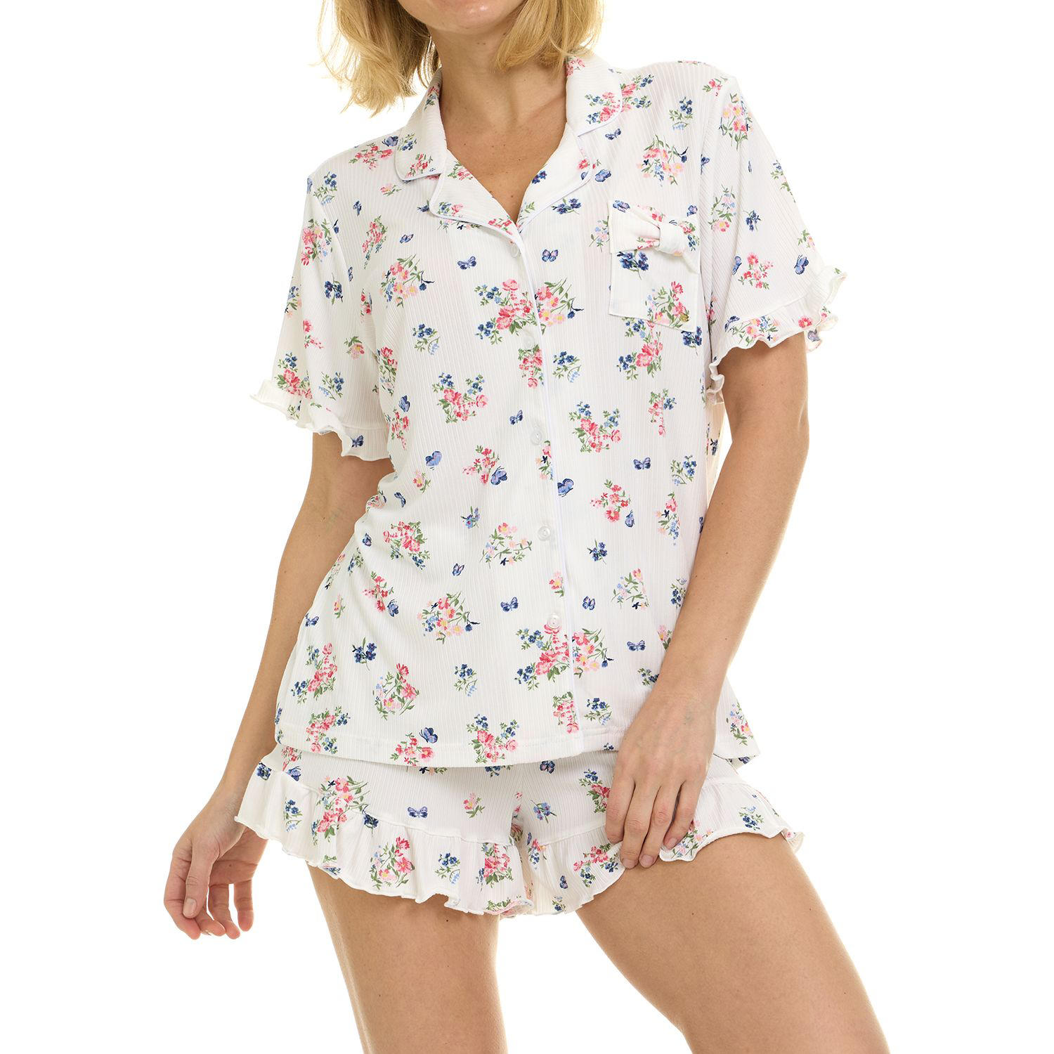 Womens Short Sleeve & Ruffle Short Pajama 2-PIECE:- White