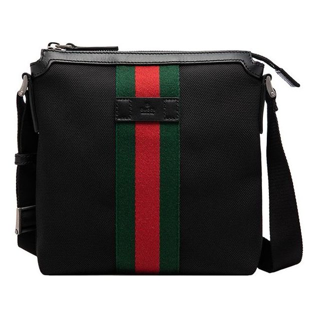 Men's Red Green Stripe Webbing Leather Logo Canvas Shoulder Messenger Bag Black