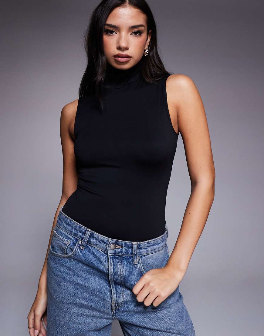 Weightless mock neck bodysuit in black in scuba-style fabric