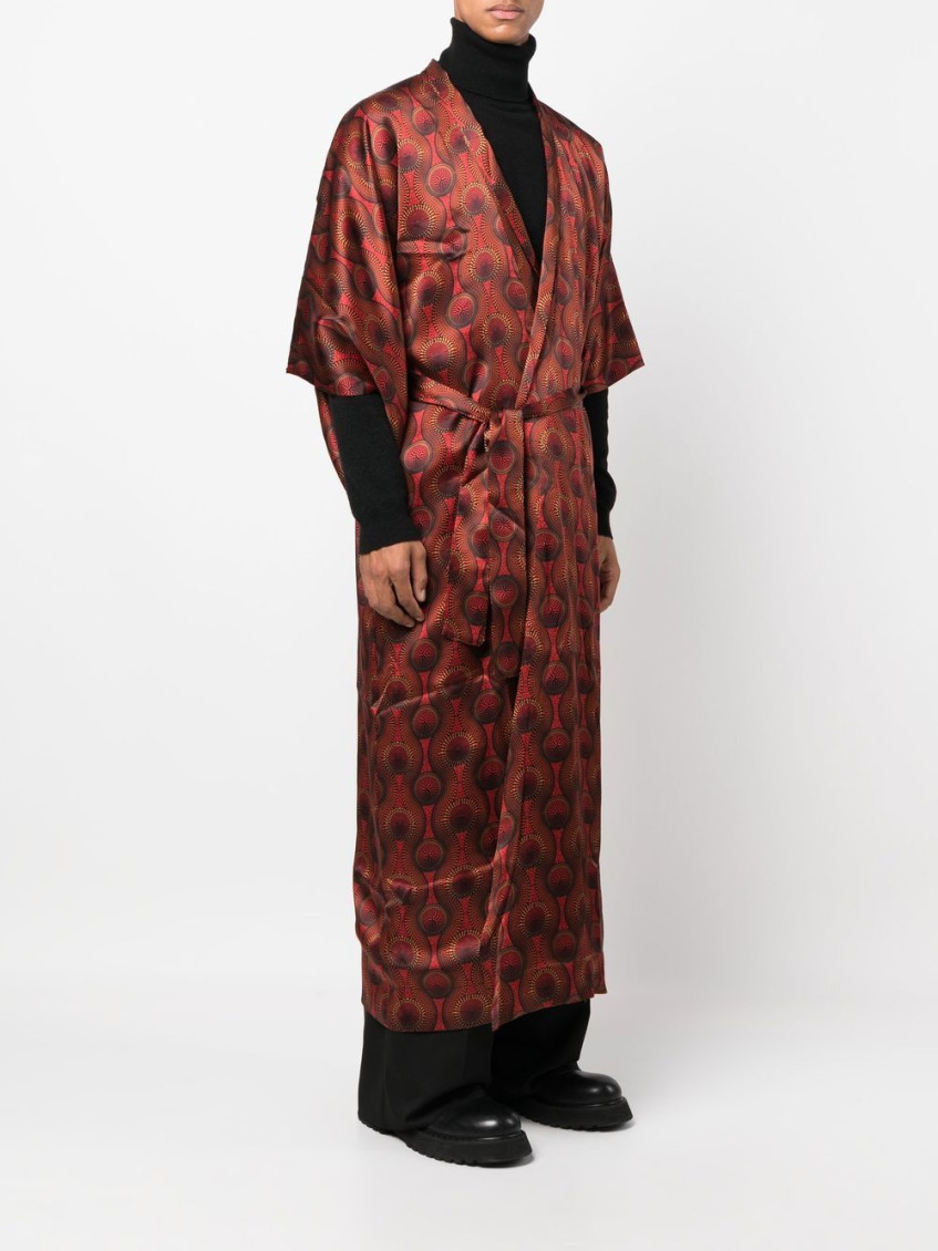 Red Printed Silk Long Kimono