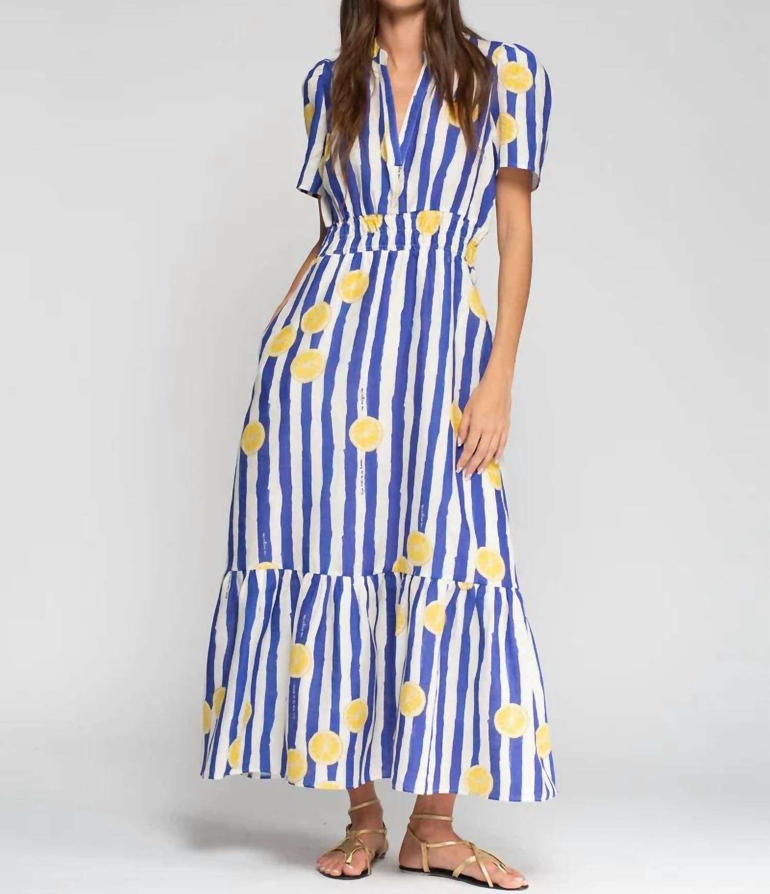 Susie Lemon Striped Maxi Dress In Lemonade Print