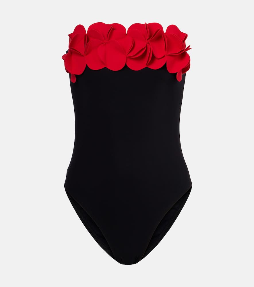 Floral-appliqué strapless swimsuit