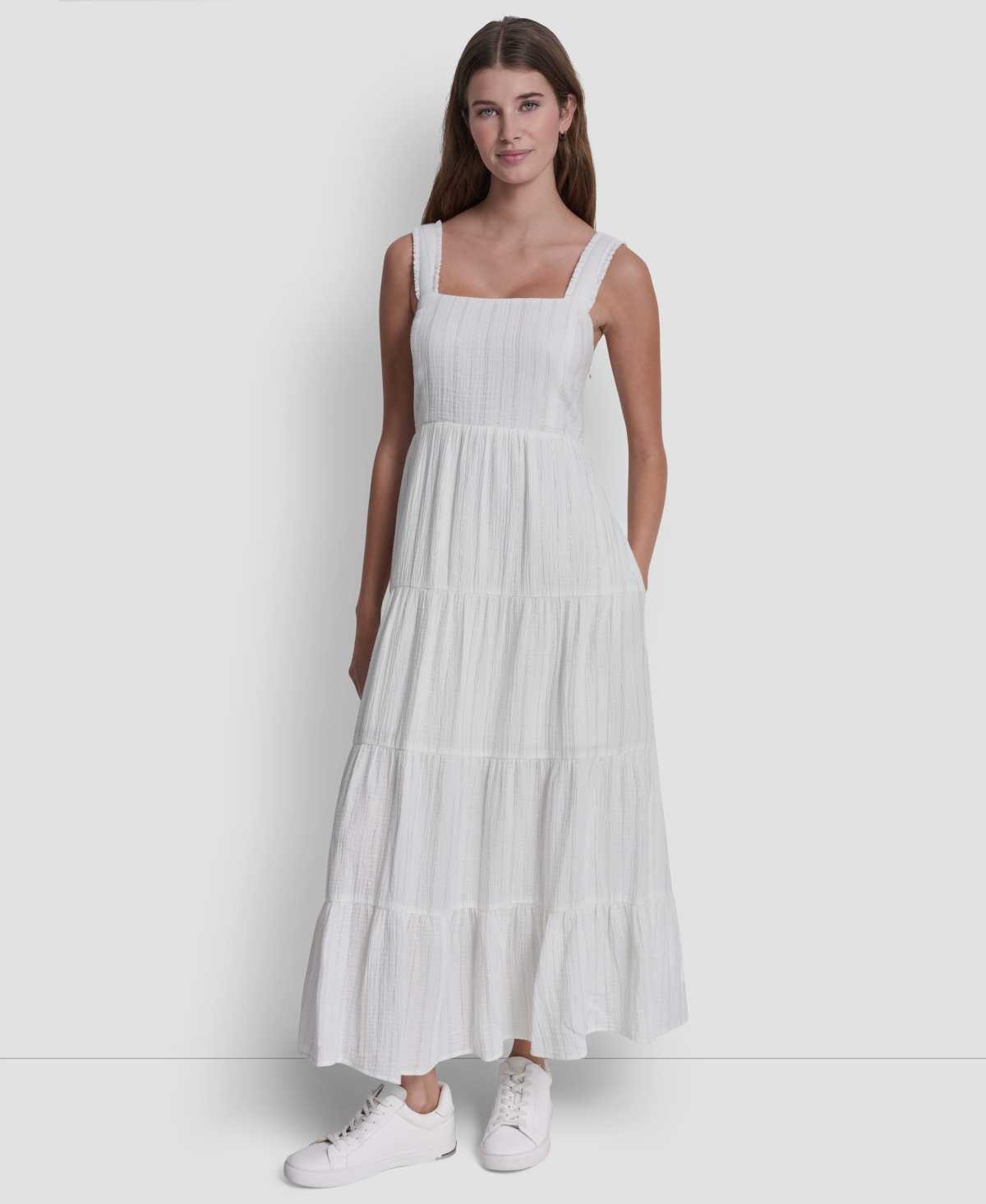 Women's Tiered Tank Square Neck Maxi Dress - White
