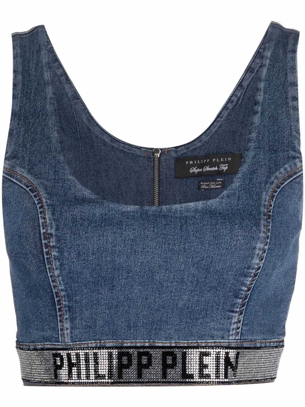 Super-Stretch logo-embellished cropped denim top - Blue
