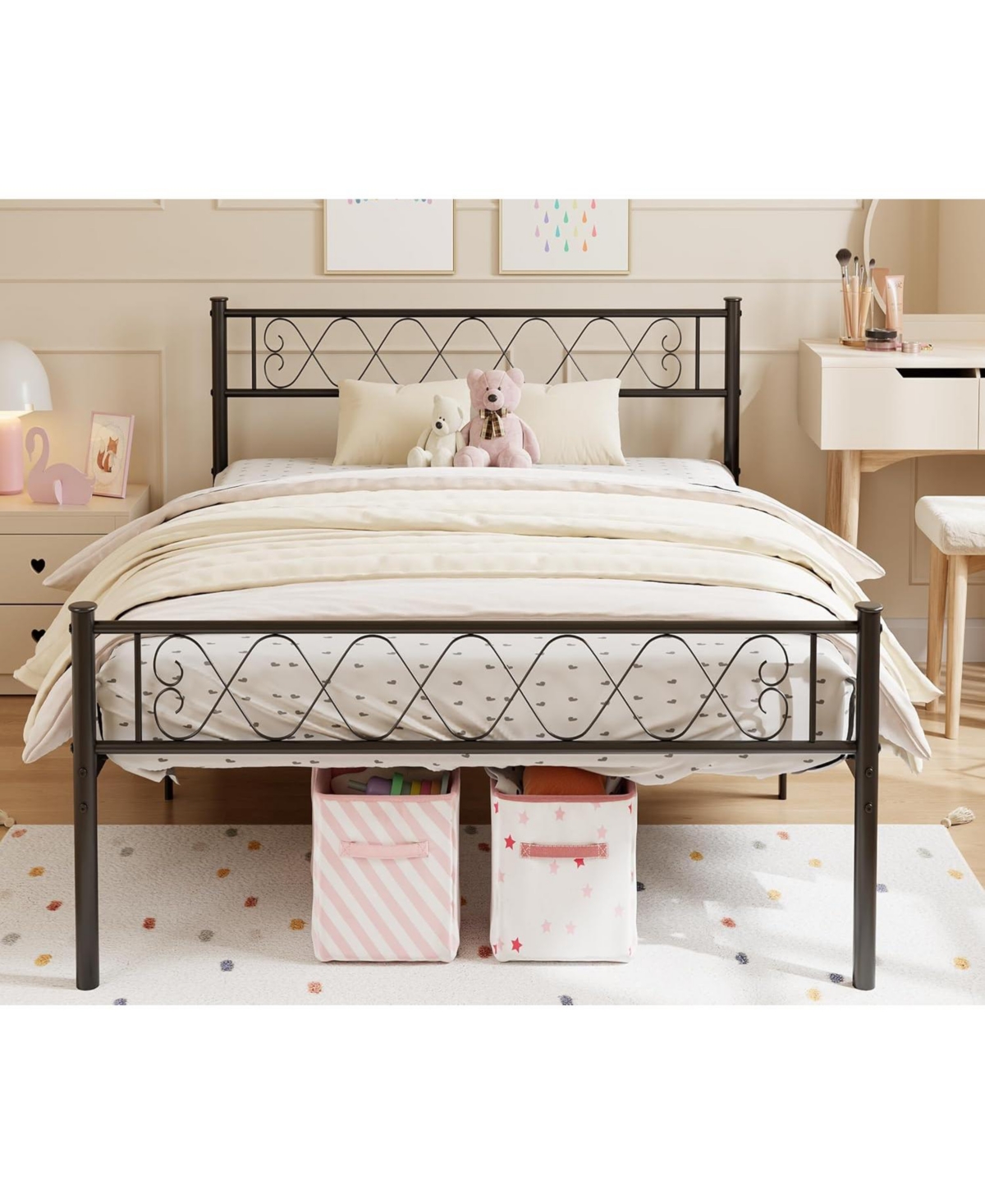 Metal Bed Frame - Headboard and Footboard with Iron Heart Design, Platform Bed for Boys and Girls, No Box Spring Needed - Black
