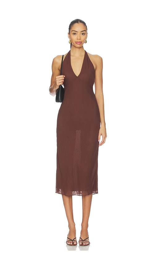 EAVES Via Halter Midi Dress in Brown. L. Also in XXS, XS, S