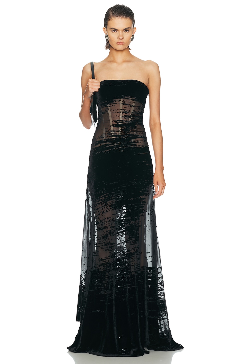 Grace Ling Corseted Glitch Gown in Black Sheer - Black. S also in