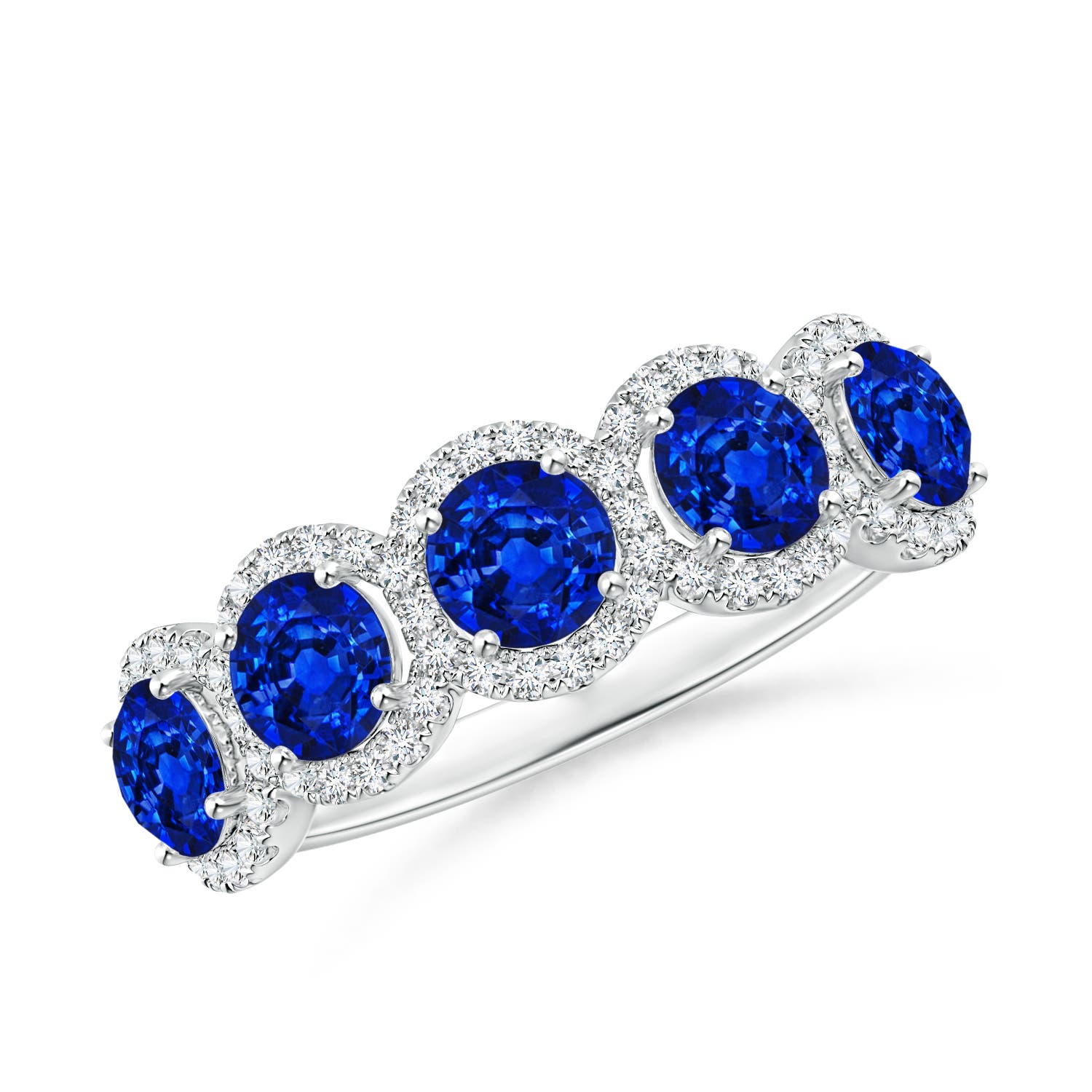 Angara 1.65 Carats Half Eternity Five-Stone Sapphire Halo Ring in 14K White Gold