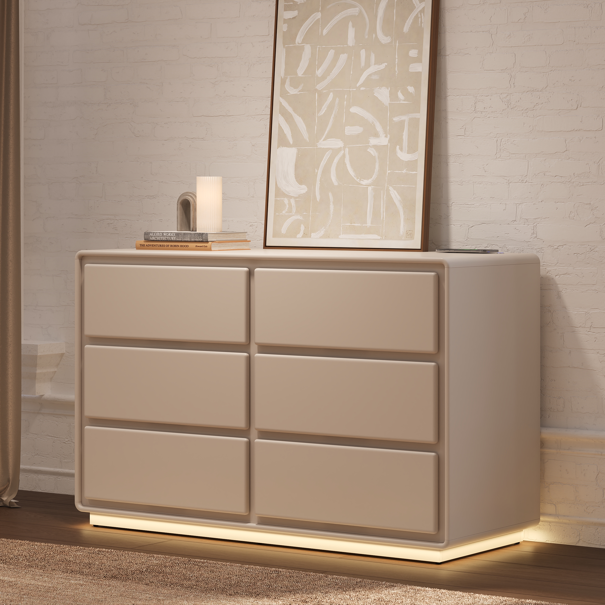 Modern 47" 6-Drawer Dresser with Light and Charging Station