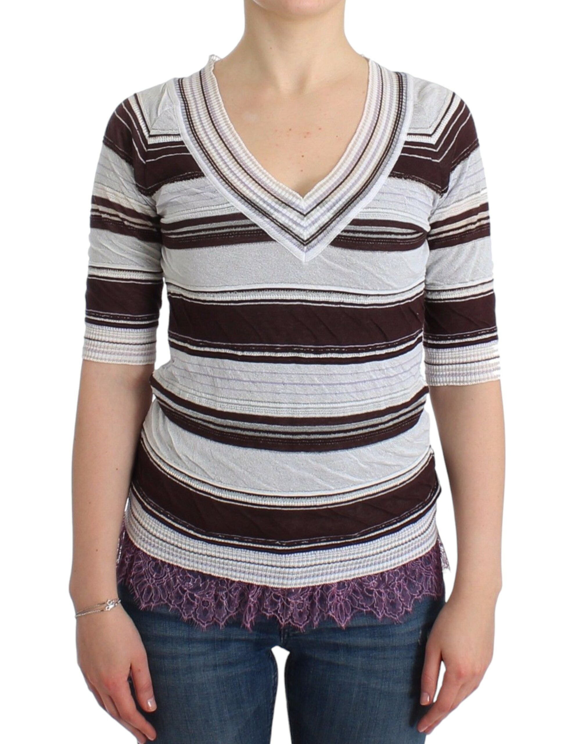 Striped Lace V-Neck Sweater — Multicolor