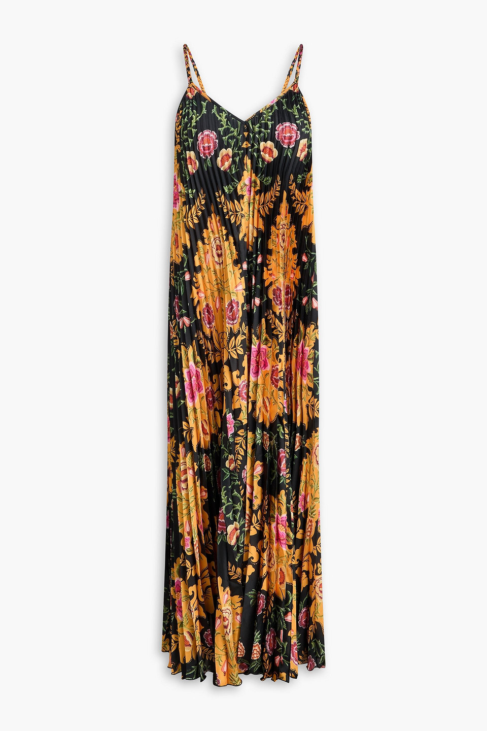 Pleated floral-print satin midi slip dress - Black - XL