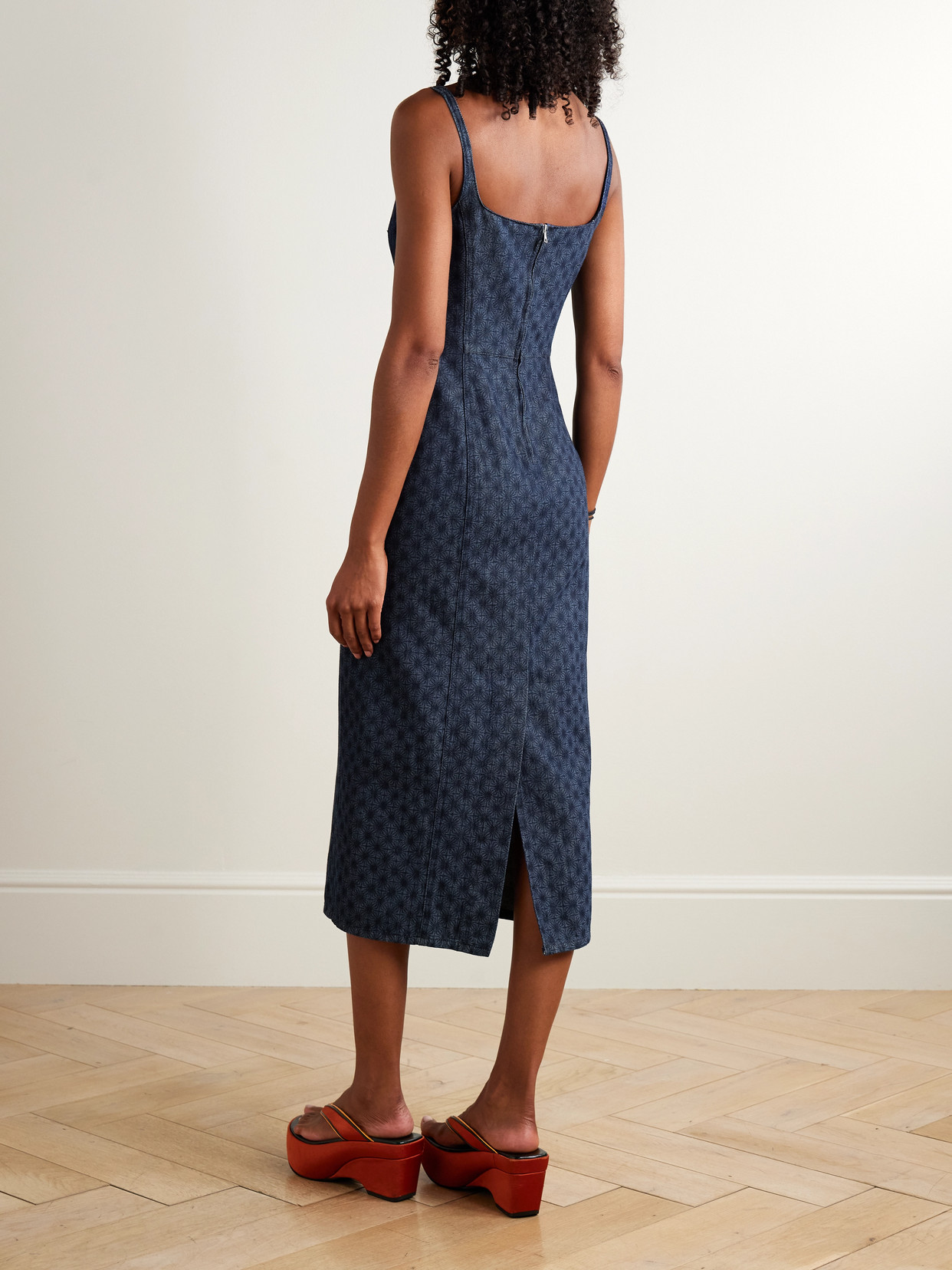 Printed Denim Midi Dress - Blue