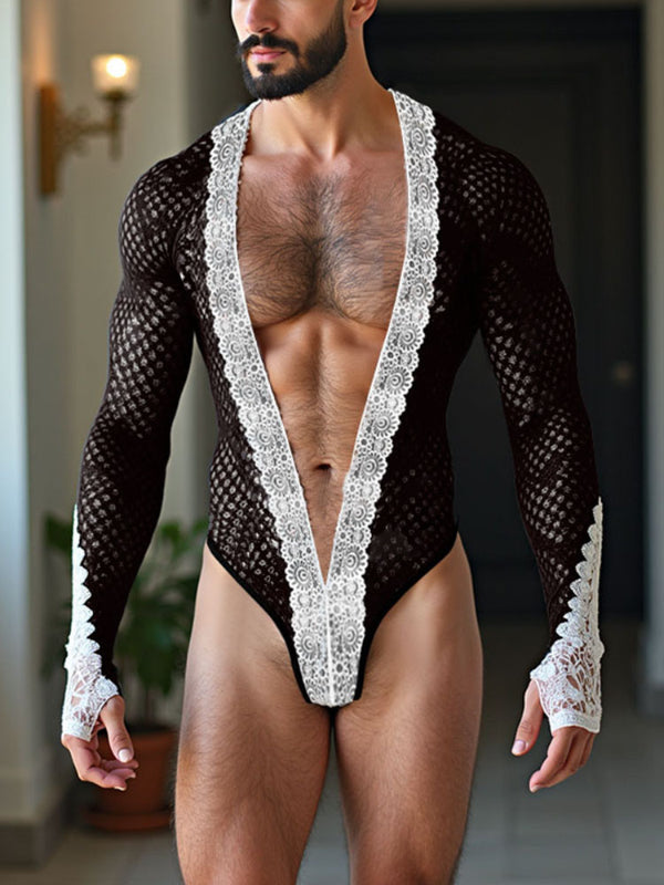 Men's Sheer Mesh Lace Patchwork Bodysuit SKUL22255 - Black / S