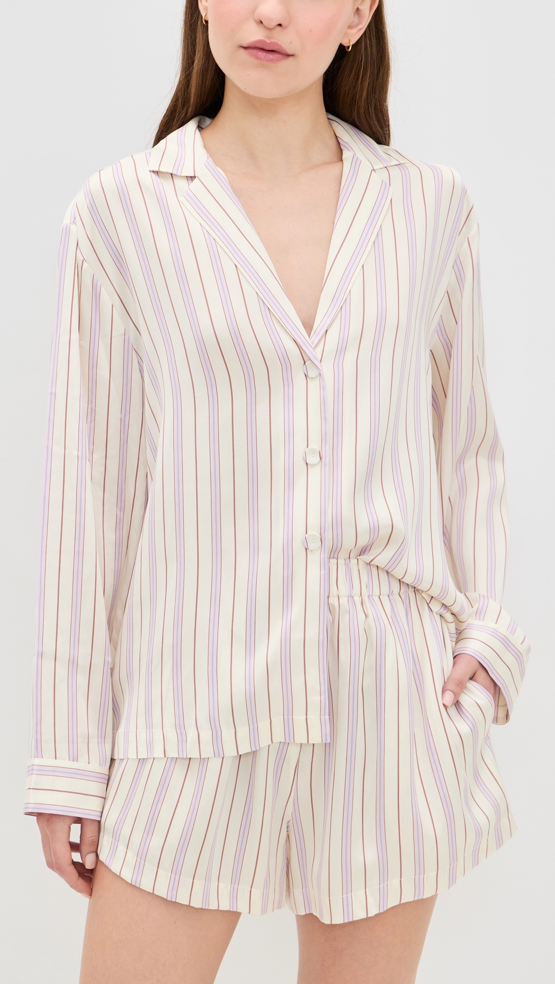 Washable Silk Button Up Short Set Wisteria Stripe