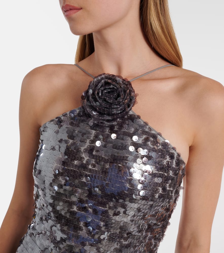 Floral-appliqué sequined gown