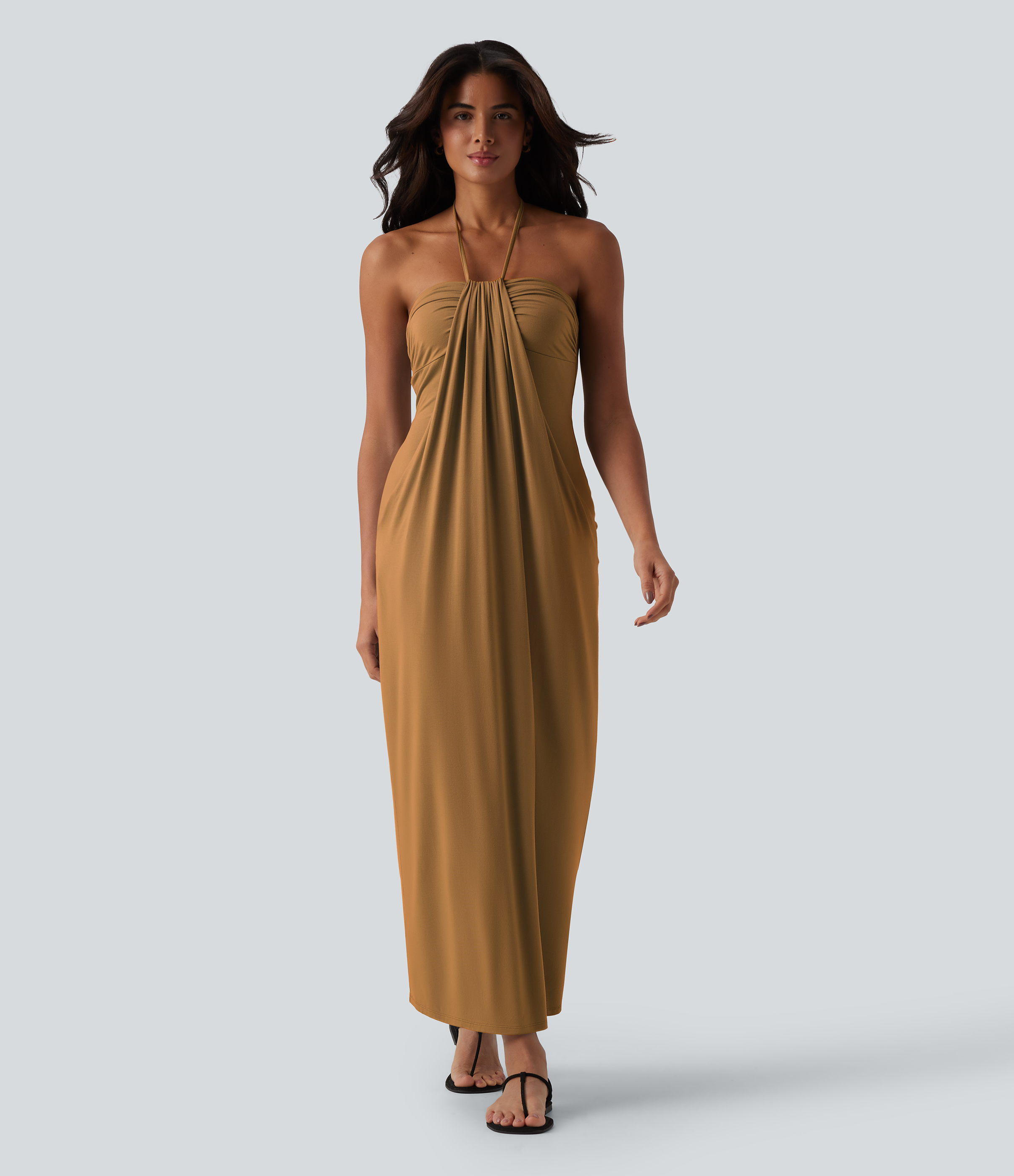Halter Tie Back Maxi Dress with Pockets Casual Dress - Sudan Brown