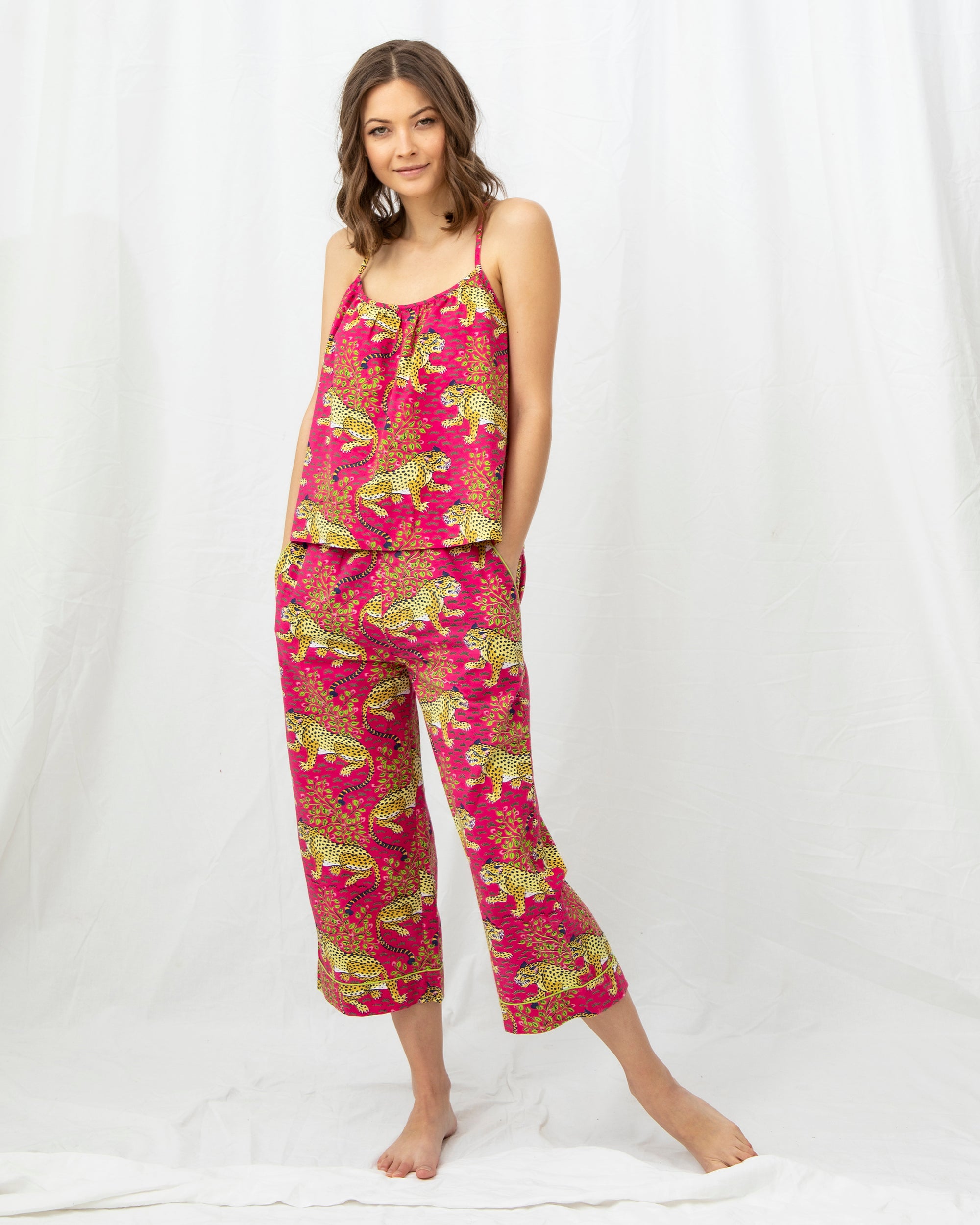 Organic Cotton Cami Pajama Pants Set in Leopard Bagheera | Women's XXS | Pink