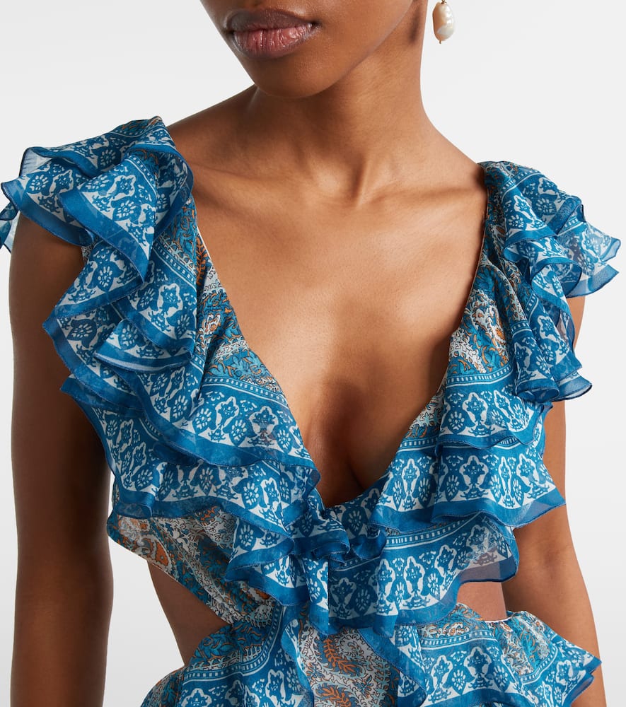 Paisley lace-trimmed ruffled silk maxi dress
