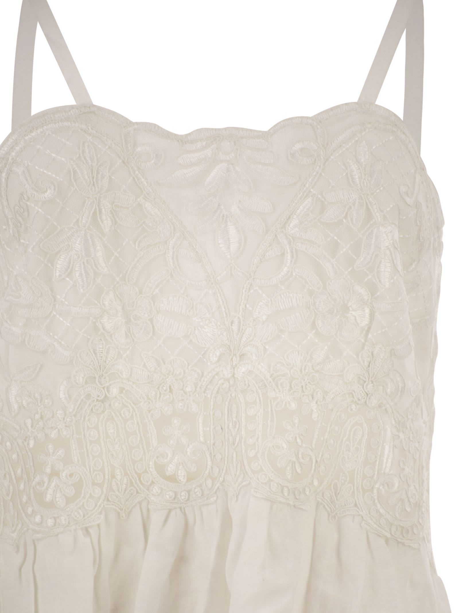 Robe longue en lin Maurizio Mykonos avec corsage brodé et fines bretelle