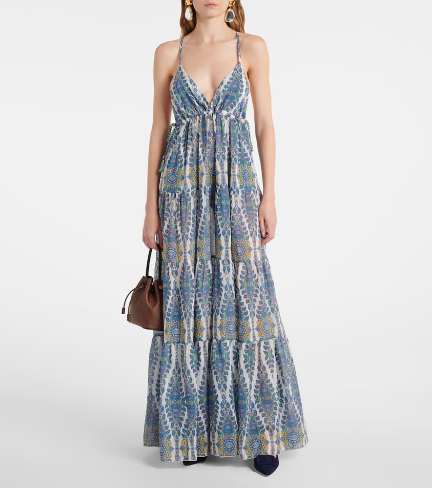 Printed tiered cotton and silk maxi dress