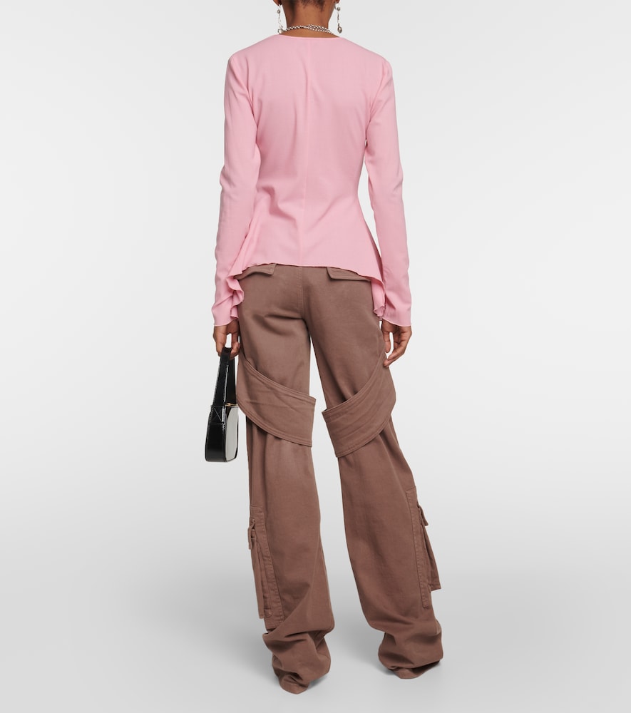 Ruffled tie-front wool-blend blouse