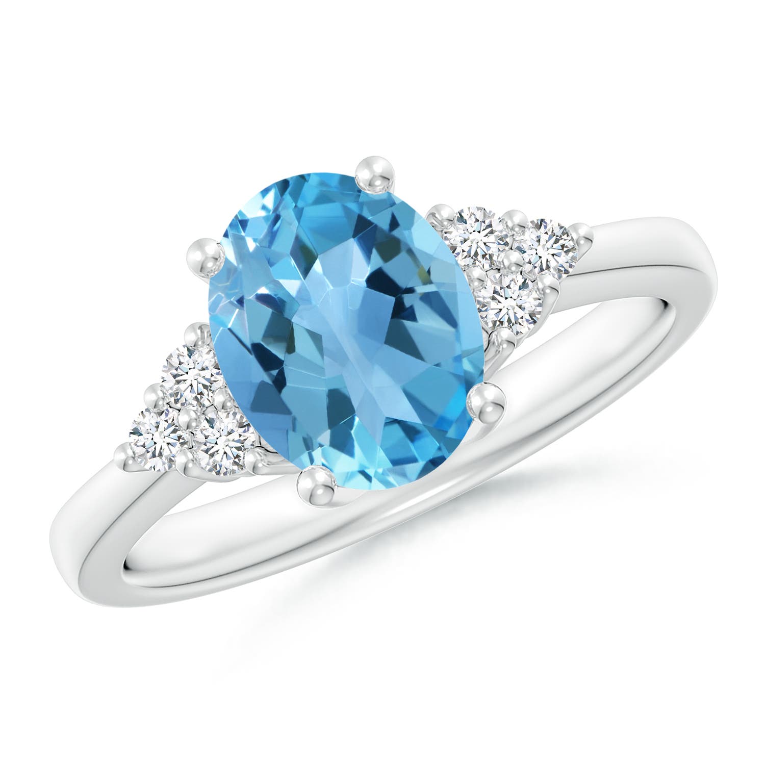 Angara 2.25 Carats Solitaire Oval Swiss Blue Topaz Ring with Trio Diamond Accents in Platinum